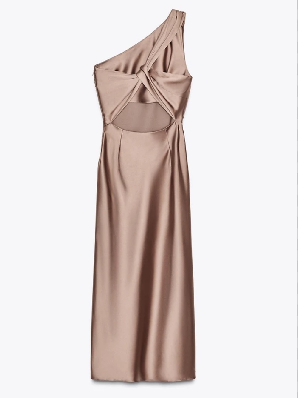Zara One-Shoulder Twist Cutout Satin Maxi Dress in Taupe
